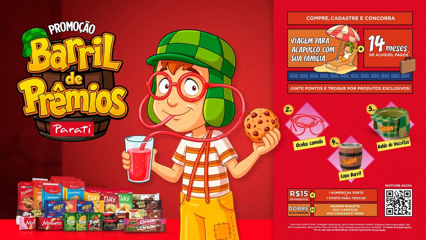 Key visual ilustrativo de uma rota promocional Parati, com produtos, recompensa e referência ao personagem Chaves.