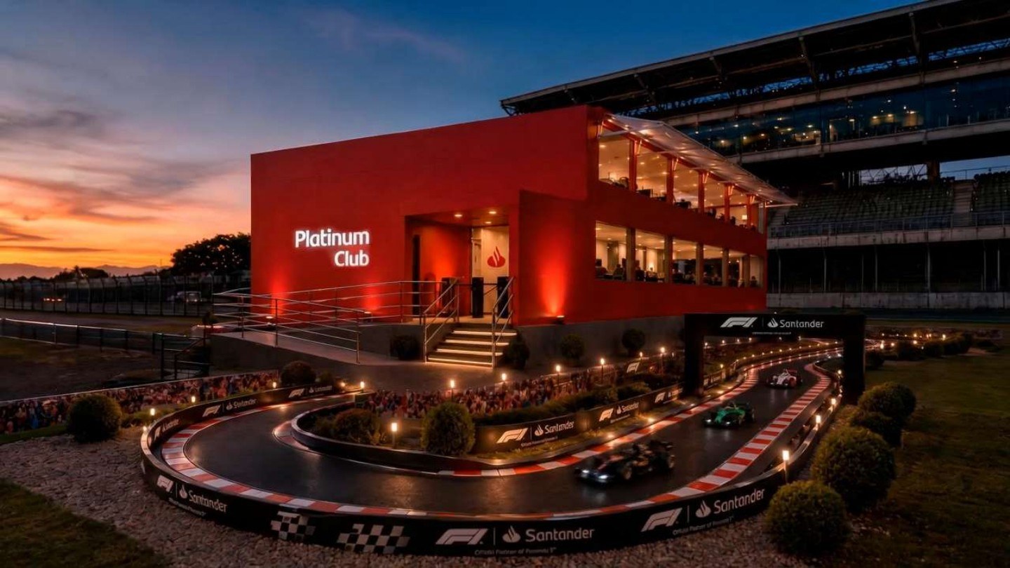 Render do Platinum Club Santander junto ao circuito de Fórmula 1, ao pôr do sol.